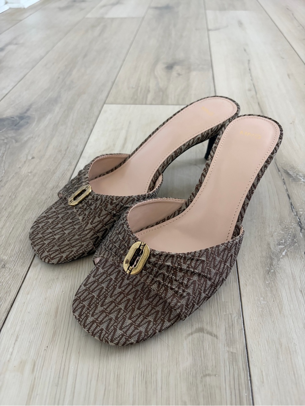 Mango Brown Monogram Open-Back Heeled Mules with Gold Accent